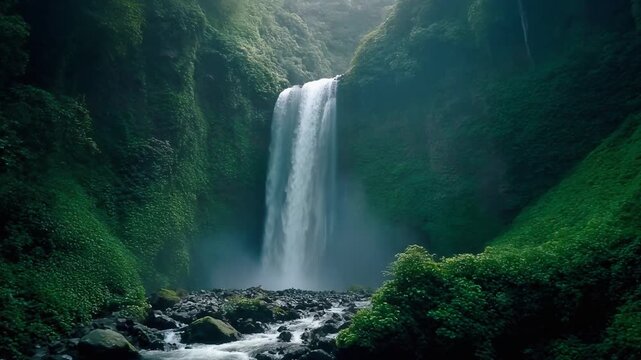 A majestic waterfall cascades down a lush green cliffside in a remote tropical forest.