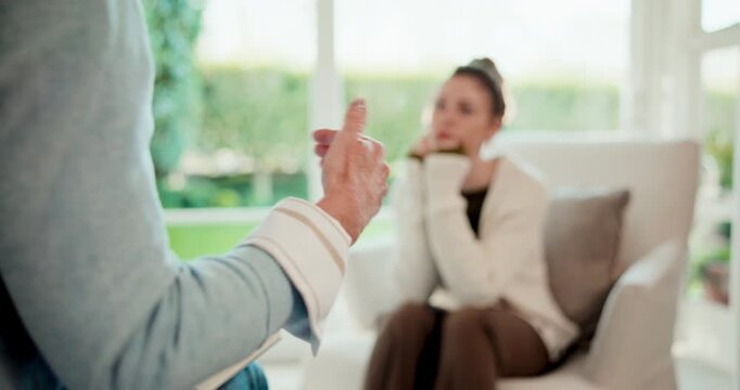 Psychology, therapy and woman in conversation with counselor for advice, healing or healthcare. Communication, counselling and mental health with people in clinic session for ptsd or trauma support