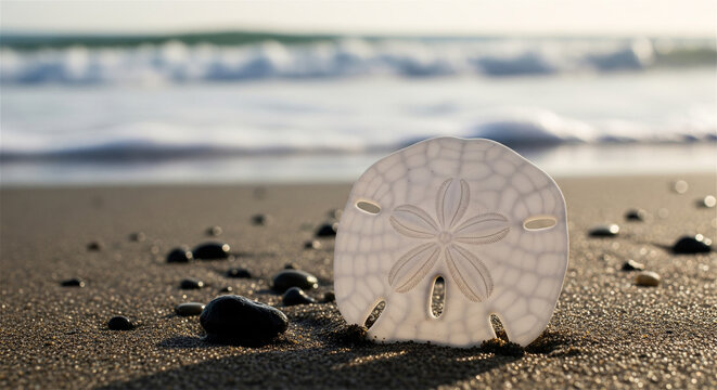 White sand dollar on a sandy beach, sea urchin skeleton on the ocean shore, coastal nature background