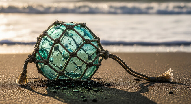 Vintage glass fishing float on sandy beach, antique Japanese glass buoy in rope netting, coastal nautical decor on seashore