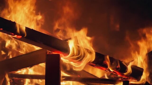 Intense Close Up of House Engulfed in Orange Flames and Fire, Destructive Burning Wood Texture Motion Background Full HD
