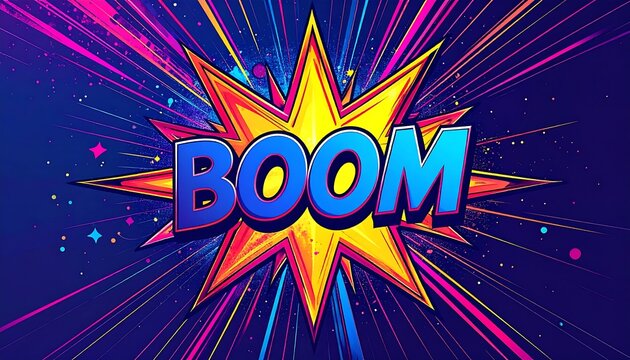 A vibrant comic book style illustration features the word boom in bold blue letters.