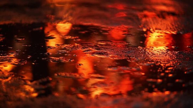 Abstract Close-up of Intense Red and Orange Reflections on Wet Dark Surface, Cinematic Distorted Light Motion Background 1080p