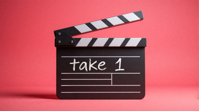Classic film clapperboard sits on bright pink surface. Black movie slate with white take 1 label represents production beginning. Pro cinema equipment tool used for video shoots, entertainment