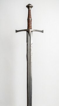 Old Scottish Claymore sword rests against plain white background. Medieval weapon has leather grip hilt and steel blade. Historic relic displayed in studio.