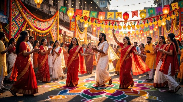 Bengali people celebrate Pohela Boishakh on city street. Crowd in traditional red, white sari, dhoti dance on colorful rangoli floor art. Happy men, women enjoy festival under bright lanterns, flags.