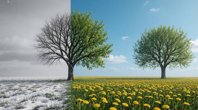 Tree splits showing winter snow and bare branches opposite spring green leaves and yellow wildflowers. Landscape contrasts cold weather with warm sun and new growth.