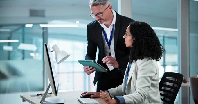 Computer, meeting and woman with manager in office for feedback, advice and help at finance agency. Corporate, talking and business person on tech with mentor for financial report, planning or review