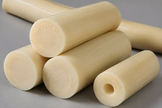 Fresh Hearts of Palm Display Smooth Cream Cylinders and Fibrous Cuts on Clean Gray Background
