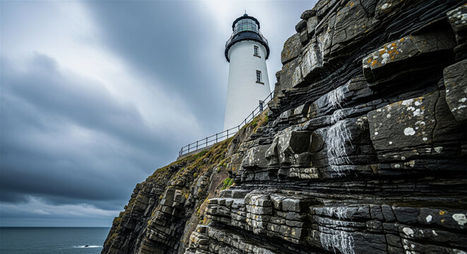 Dramatic coastal lighthouse on rocky cliff, white beacon tower under stormy sky, scenic maritime navigation landmark