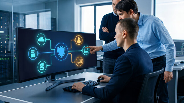 Cybersecurity team analyzing cloud network dashboard on monitor