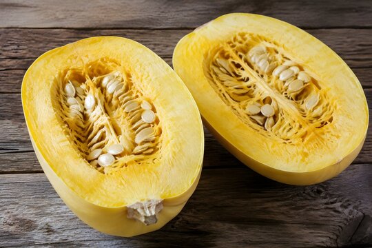 Fresh Spaghetti Squash Halves Reveal Pale Seeds and Textured Yellow Flesh on Rustic Wood Photography