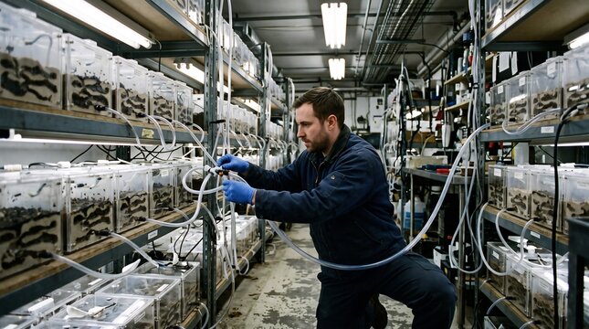 Professional Technician in Blue Workwear Adjusting Nutrient Delivery Tubes for a Large Scale Insect Colony Research Facility with Organized Shelving and Clear Containers