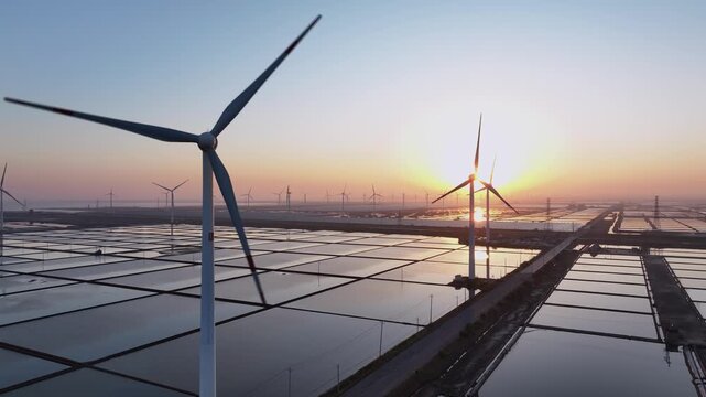 Wind turbines generating clean energy over salt pans during sunset with reflective water surfaces