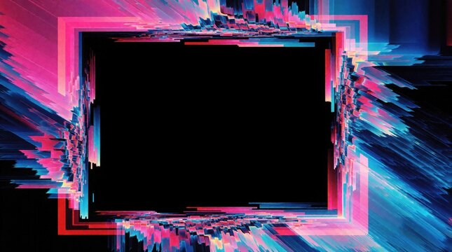 Glitch art frame with neon pink, blue light effect on dark background. Digital rectangle border with pixelated distortion pattern for modern web design. Abstract cyber background with vibrant colors,