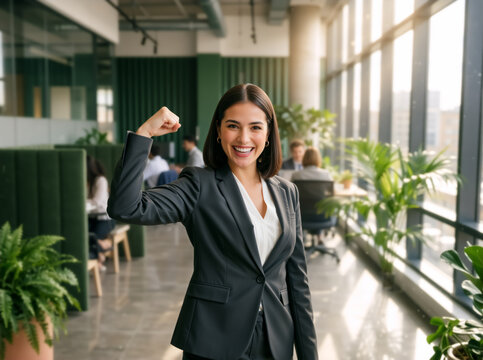 Confident businesswoman flexing muscle in modern office. Smiling strong female corporate employee showing bicep. Women empowerment and success concept