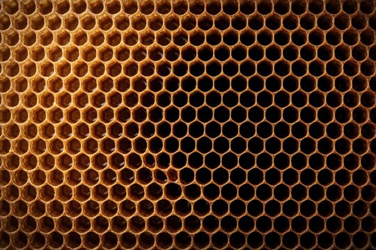 Macro shot of golden honeycomb frame surface. Hexagon wax cells structure creates natural organic pattern. Texture displays symmetry of bee hive work. Fresh sweet liquid honey fills cells. Healthy