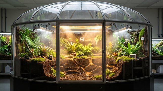 Large Dome-shaped Glass Vivarium Containing Tropical Plants and Mist with Integrated Lighting and Temperature Control in a Modern Research Laboratory