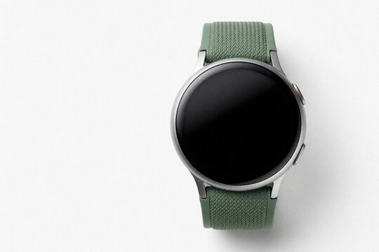 Round smart watch with black screen and green strap on white background. Modern wearable tech device displays digital interface for communication and activity tracking.