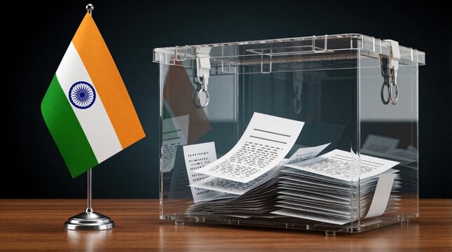 Indian flag stands next to transparent plastic ballot box filled with white paper votes. Concept of election day in India. People participate in democratic process to choose government official.