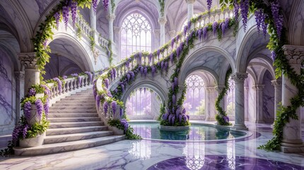 Fototapeta premium Marble palace interior features grand spiral staircase with wisteria flowers. Arched windows reveal sunlit garden. Water pool reflects ornate architecture. Fantasy setting evokes fairytale.