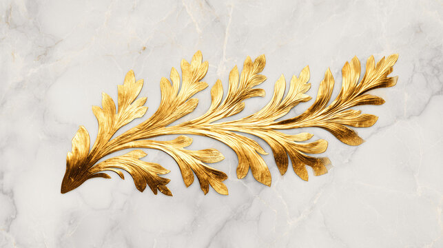 One golden leaf‑styled adornment with stamped embossed detail laid on marble surface, festive high‑end decor theme