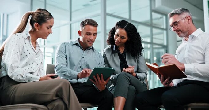Lobby, conversation and business people with tablet for teamwork, project collaboration and review. Discussion, office and manager with employee on tech for b2b deal, online proposal and feedback