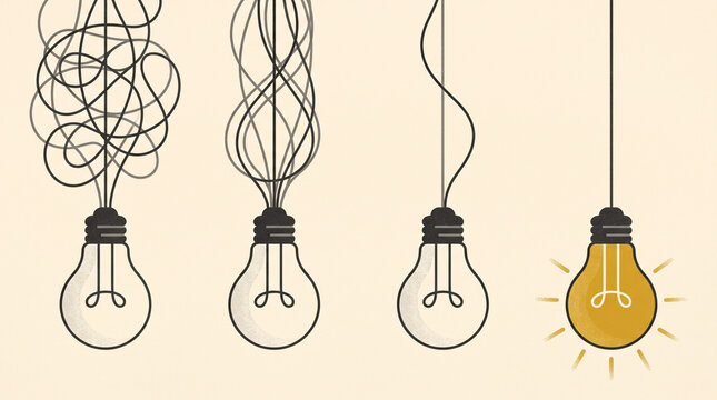 Creative problem solving illustration showing the transition from confused tangled lines to a bright glowing yellow lightbulb for a clear solution