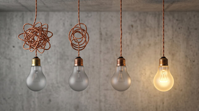 Simplifying complexity concept featuring hanging lightbulbs transforming from chaotic tangled wires into a clear glowing bulb for a eureka moment