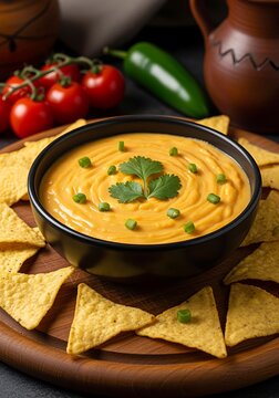 Queso Dip with Tortilla Chips and Fresh Cilantro Scallions