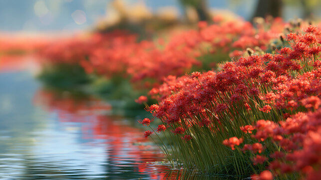 Red spider lilies leaning over a calm riverside at golden hour