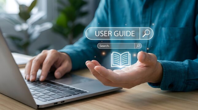 User guide concept with man using laptop and searching digital manual online