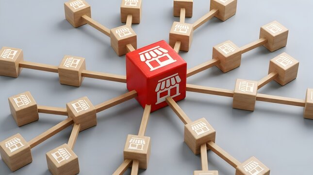 Business franchise expansion concept with wooden blocks representing store network and growth.
