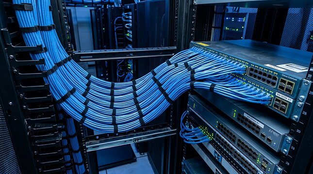Close up of organized blue ethernet network cables connected to a server rack switch