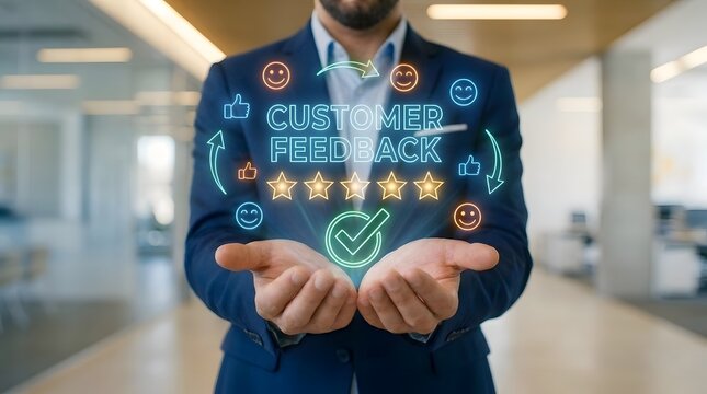 Businessman showing 5 star customer feedback rating with glowing neon icons and smileys in office