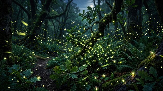 Magical forest at night with fireflies