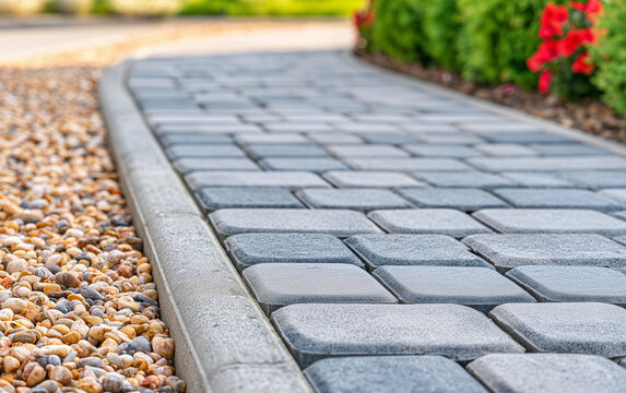 Modern garden path features grey concrete pavers, neat decorative pebble border. Stone strip separates walkway from green bushes with red flowers.