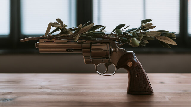 An olive branch laid across the barrel of one solitary revolver