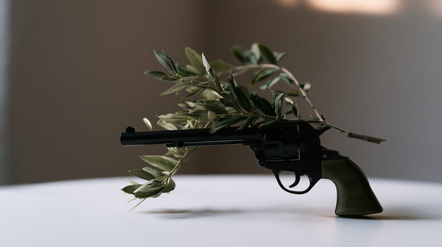 An olive branch laid across the barrel of one solitary revolver