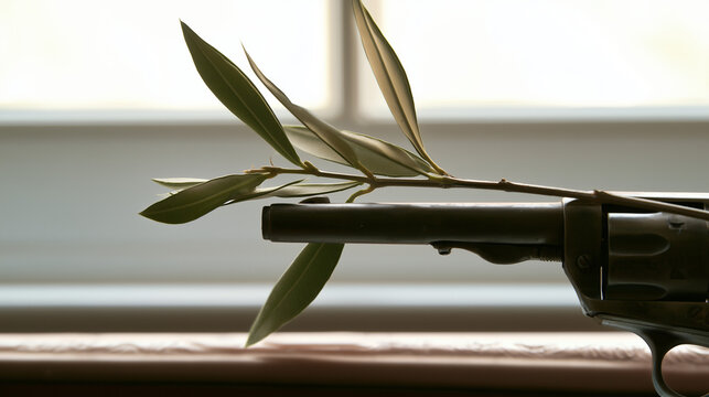 An olive branch laid across the barrel of one solitary revolver