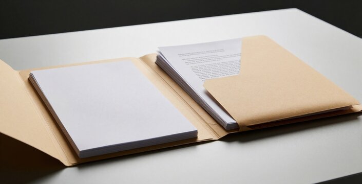 Open paper folder on white desk surface. Brown cardboard file contains white sheets of document text. Business office stationery supplies for pro marketing presentation corporate identity design.