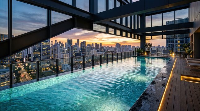 Rooftop pool overlooking cityscape at sunset