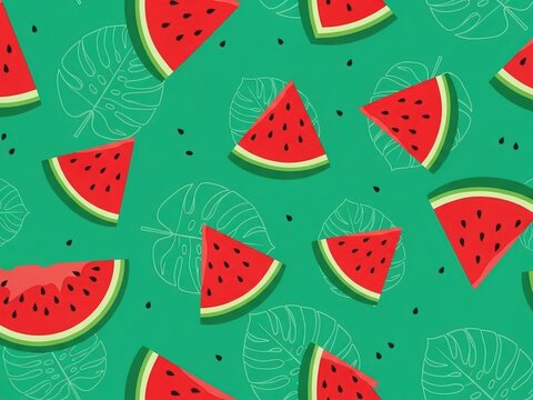 Slices of watermelon with seeds and tropical leaves on a green background, pattern