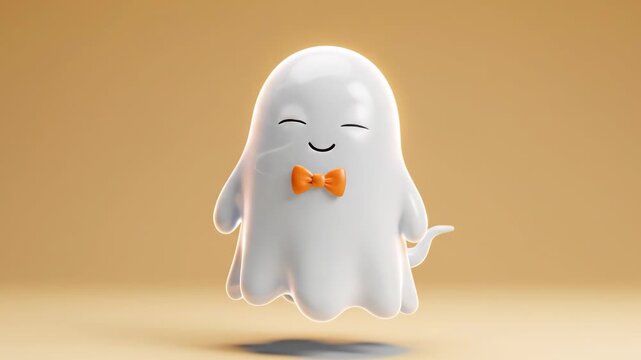 Cute 3d Halloween ghost with orange bow tie smiles and waves hand on a warm minimal background