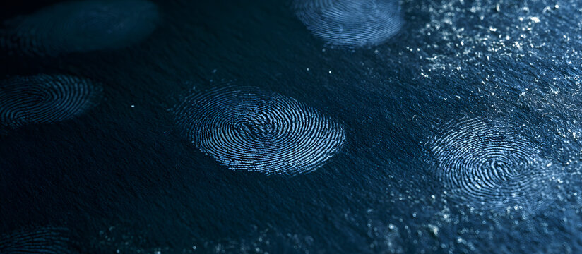 Unique fingerprints on a dark surface, representing crime scene evidence, with space for personalized text or information