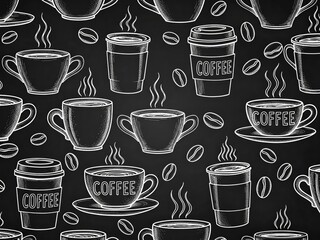 Fototapeta premium Coffee cups and beans pattern on black chalkboard background, cafe and beverage collection
