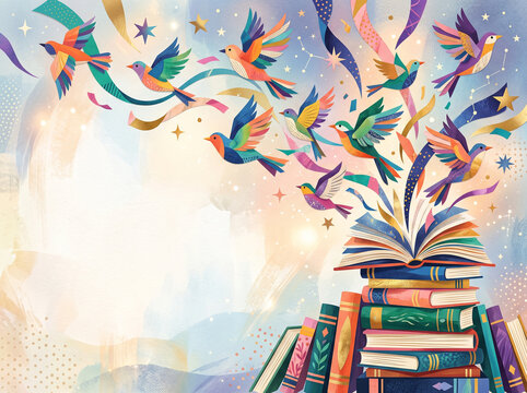 Back to school book with colorful flying birds