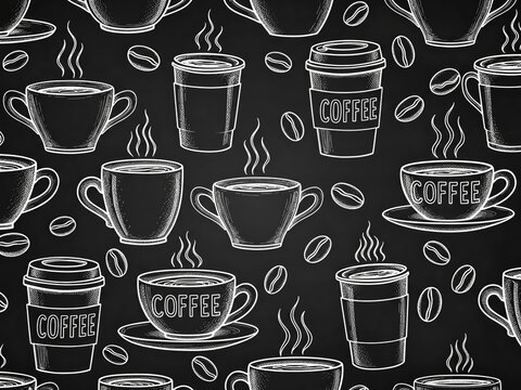 Coffee cups and beans pattern on black chalkboard background, cafe and beverage collection