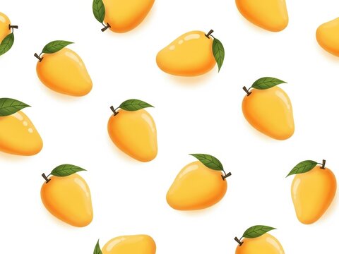 Ripe mangoes with green leaves pattern on white background, tropical fruit collection