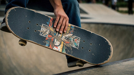 Fototapeta premium Skater grabs worn board deck jumping at concrete park. Close view shows grip tape texture, wheels. Person performs trick mid air during ride on street ramp. Young man wears denim pants, sneakers